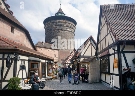 Craftsmen court (german: Handwerkerhof) and Women gate tower (german: Frauentorturm) at old town of Nuremberg, Franconia, Bavaria, Germany Stock Photo