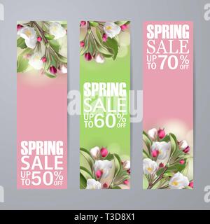 Set of vector spring sale vertical banners with sakura Stock Vector