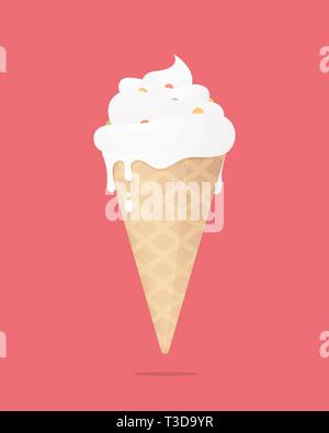 Melting Ice Cream in a Waffle Cone. Vector illustration is isolated on a light-red background. Stock Vector