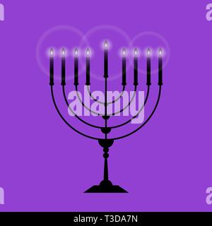 Black Menorah with nine glowing candles is isolated on the purple background a illustration for Hanukkah. The concept is Religion icon. Stock Vector