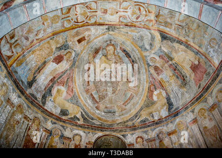Christ in the mercy seat,  a repainting of the Romanesque image of Christ, Fjelie church, Sweden, Feb 06, 2015, Stock Photo