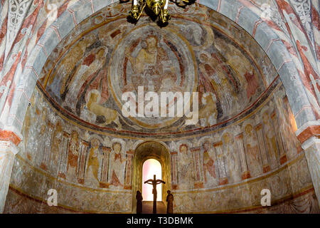 Christ in the mercy seat,  a repainting of the Romanesque image of Christ, Fjelie church, Sweden, Feb 06, 2015, Stock Photo