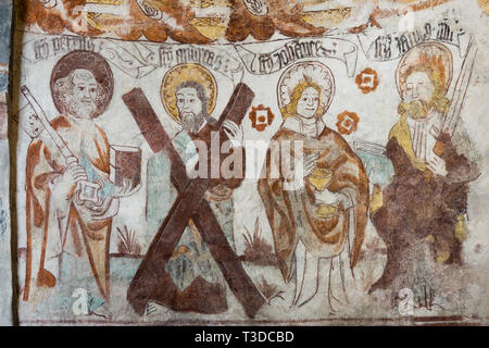 Medieval fresco of four apostles. St. Peter with a key, St. Andrew with a cross, St. John with a chalice, St. Paul with a sword. Kavlinge church, Swed Stock Photo