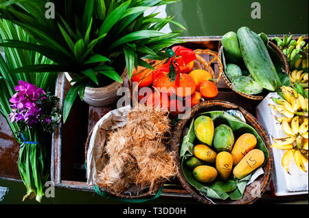 floating market - top view of boat full of fresh fruits on sale Stock Photo