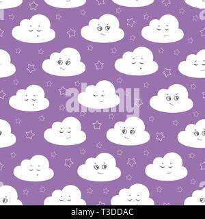 vector illustration baby seamless pattern. Children seamless pattern with cute clouds, stars on a purple background. Stock Vector