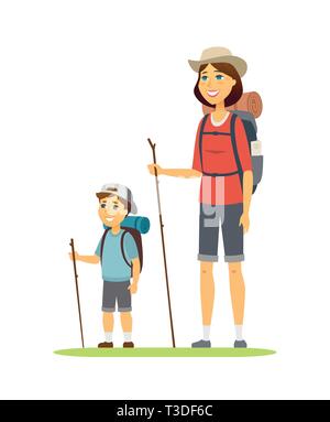 Mother and son go camping - cartoon people characters illustration Stock Vector