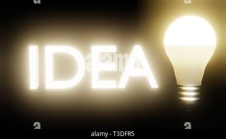 3D lettering idea and burning lamp in the dark Stock Photo