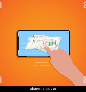 Finger touch of smartphone screen with location map, orange background, vector, illustration, eps file Stock Vector