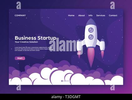 Website landing home page with rocket. Business project startup and development modern flat background. Mobile web design template. Space travel on a Stock Vector