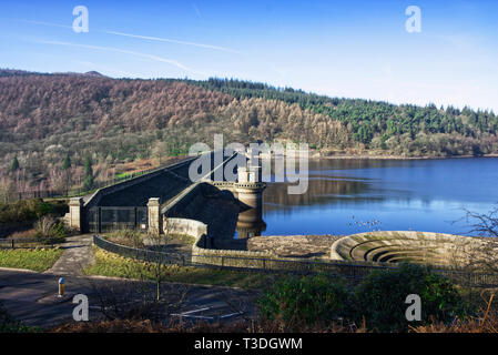 Ladybower Reservoir showing the dam, plugholes and pumping stations, in the Peak District National Park, Derbyshire, England, UK Stock Photo