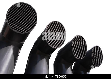 Ventilation pipes isolated on white background, template with copy space, industrial urbanistic concept Stock Photo