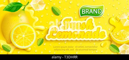 Fresh lemonade with lemon, splash, apteitic drops from condensation, fruit slice, ice cubes on gradient yellow background for brand,logo, template,lab Stock Vector