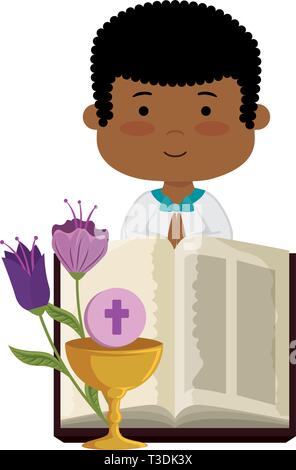 little black boy with bibble and flowers first communion character Stock Vector