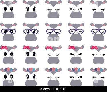 Collection of hippo faces Stock Vector