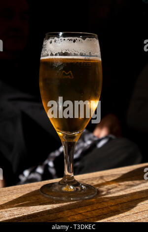 Beer glass at the wood  table close-up, black background . Stock Photo