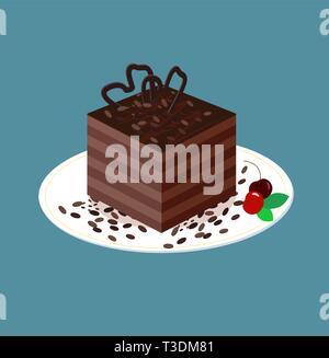 Chocolate sponge cake with cakes and cherries. Cocoa jelly cube and mint leaves. Vector illustration of a dessert on a plate in isometric style. Puff Stock Vector