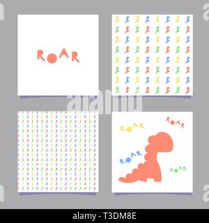 Cards with dinosaur and the word roar in the Scandinavian style. Isolated on white background. One seamless pattern with color dinosaurs. Vector Stock Vector