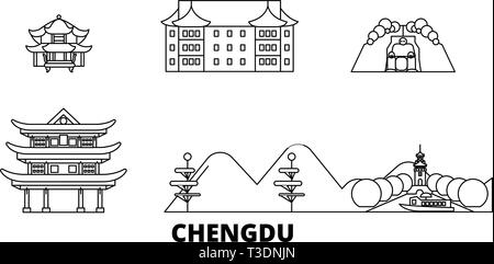 China, Chengdu line travel skyline set. China, Chengdu outline city vector illustration, symbol, travel sights, landmarks. Stock Vector