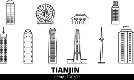 China, Tianjin line travel skyline set. China, Tianjin outline city vector illustration, symbol, travel sights, landmarks. Stock Vector