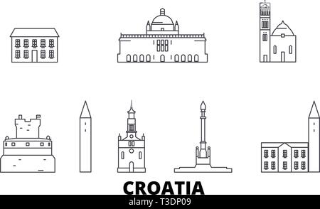 Croatia line travel skyline set. Croatia outline city vector illustration, symbol, travel sights, landmarks. Stock Vector