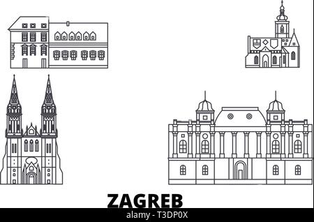 Croatia, Zagreb line travel skyline set. Croatia, Zagreb outline city vector illustration, symbol, travel sights, landmarks. Stock Vector