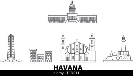 Cuba, Havana line travel skyline set. Cuba, Havana outline city vector illustration, symbol, travel sights, landmarks. Stock Vector