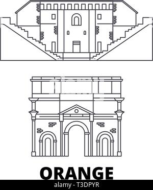 France, Orange  line travel skyline set. France, Orange  outline city vector illustration, symbol, travel sights, landmarks. Stock Vector