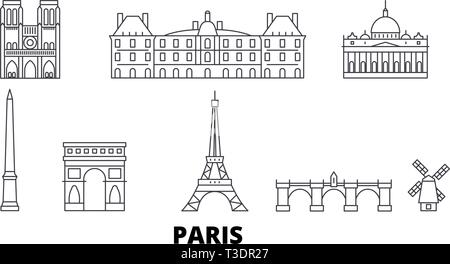 France, Paris line travel skyline set. France, Paris outline city vector illustration, symbol, travel sights, landmarks. Stock Vector