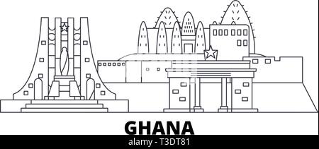 Ghana line travel skyline set. Ghana outline city vector illustration, symbol, travel sights, landmarks. Stock Vector