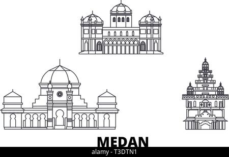 Indonesia, Medan line travel skyline set. Indonesia, Medan outline city vector illustration, symbol, travel sights, landmarks. Stock Vector