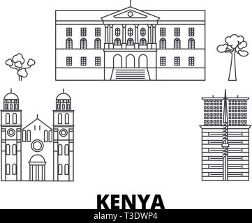 Kenya line travel skyline set. Kenya outline city vector illustration, symbol, travel sights, landmarks. Stock Vector
