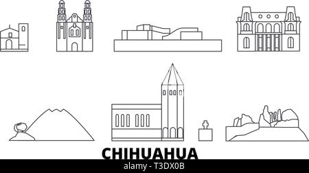 Mexico, Chihuahua line travel skyline set. Mexico, Chihuahua outline city vector illustration, symbol, travel sights, landmarks. Stock Vector