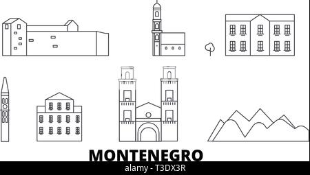 Montenegro line travel skyline set. Montenegro outline city vector illustration, symbol, travel sights, landmarks. Stock Vector