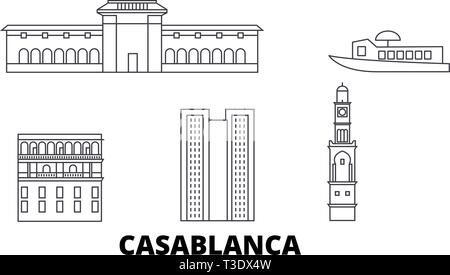 Morocco, Casablanca line travel skyline set. Morocco, Casablanca outline city vector illustration, symbol, travel sights, landmarks. Stock Vector