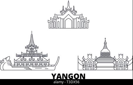 Myanmar, Yangon line travel skyline set. Myanmar, Yangon outline city vector illustration, symbol, travel sights, landmarks. Stock Vector
