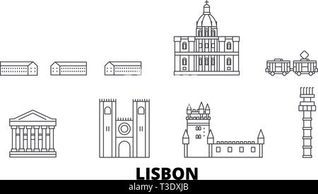 Portugal, Lisbon line travel skyline set. Portugal, Lisbon outline city vector illustration, symbol, travel sights, landmarks. Stock Vector