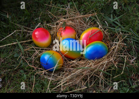 Easter traditions. Compositions with painted Easter eggs. Stock Photo