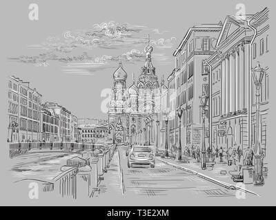 Cityscape of Church of the Savior on Blood in Saint Petersburg, Russia and embankment of river. Isolated vector hand drawing illustration in black and Stock Vector