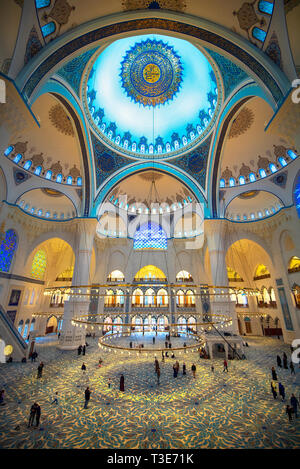 Istanbul, Turkey - Inside interior and dome of Camlica Mosque. The new mosque and the biggest in Istanbul. Located on the beautiful Buyuk Camlica hill Stock Photo