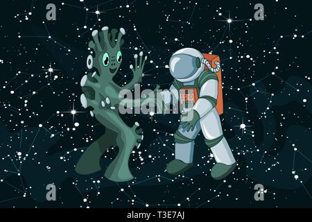 Cartoon alien meeting and handshake in space on dark starfield background Stock Vector