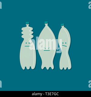 Bottles with faces vector illustrations set. No plastic lettering. Kawaii containers cartoon clipart. Non recyclable material. Environment pollution. Zero waste. Rubbish, trash isolated design element Stock Vector