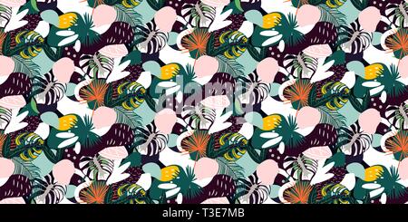 Tropical fruits seamless botanical pattern. Blue deep abstract textured vector background. Stock Vector