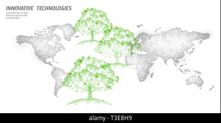Save forest ecology abstract banner template. Eco rainforest safety environment care green trees on world map 3d polygonal white background Stock Vector