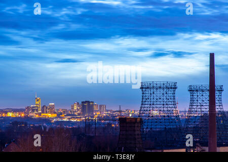 Skyline of downtown Essen, Germany, left the RWE tower, right in front of the city hall, right grid cooling towers on the coking plant Zollverein, Stock Photo