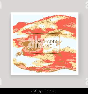Coral gold marble luxurious texture paint artistic, wedding invitation design. Decorative pink golden splash fluid on white background, vector Illustr Stock Vector