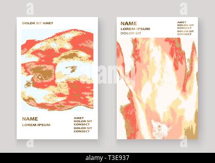 Coral gold marble luxurious texture paint artistic, wedding invitation design. Decorative pink golden splash fluid on white background, vector Illustr Stock Vector
