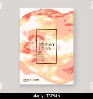 Coral gold marble luxurious texture paint artistic, wedding invitation design. Decorative pink golden splash fluid on white background, vector Illustr Stock Vector