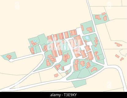 Imaginary cadastral map of an area with buildings and streets Stock Vector