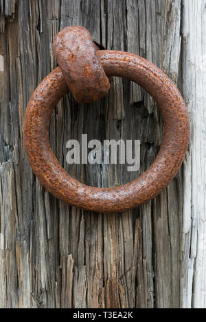 Rusting metal ring attached to an old sleeper with a thick metal pin ...