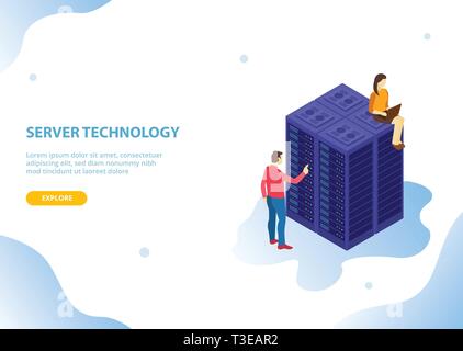 cloud server hosting technology with isometric style and people with modern blue style - vector Stock Vector